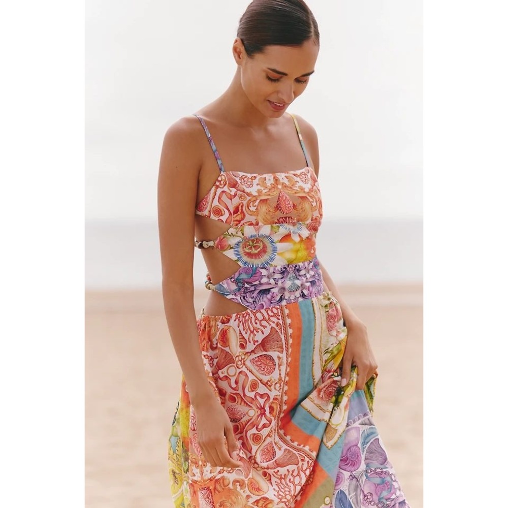 Celandine Anthropologie Scarf Midi Dress Cut Out Tropical Resort Vacation M